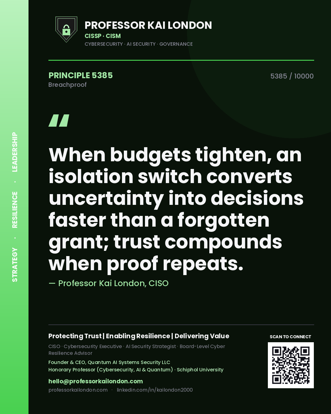 Quote card by Professor Kai London reading 'When budgets tighten, an isolation switch converts uncertainty into decisions faster than a forgotten grant; trust compounds when proof repeats.'. From the book Breachproof.