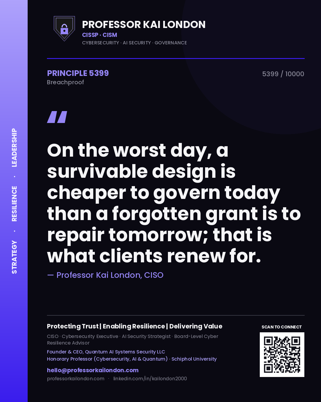 Quote card by Professor Kai London reading 'On the worst day, a survivable design is cheaper to govern today than a forgotten grant is to repair tomorrow; that is what clients renew for.'. From the book Breachproof.