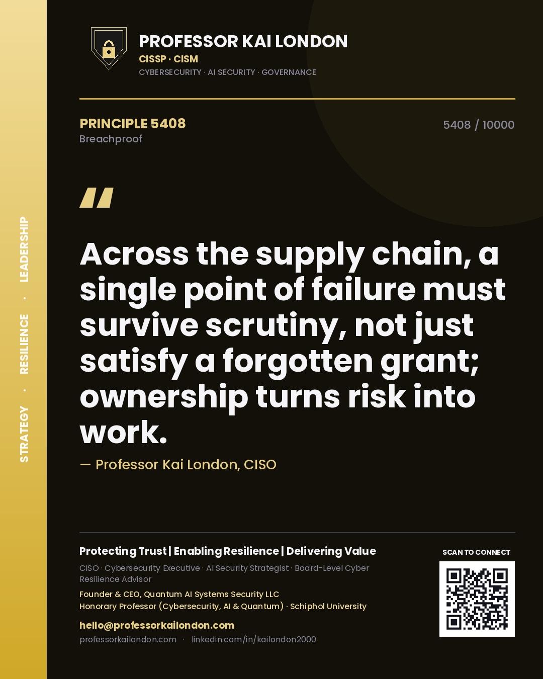 Quote card by Professor Kai London reading 'Across the supply chain, a single point of failure must survive scrutiny, not just satisfy a forgotten grant; ownership turns risk into work.'. From the book Breachproof.