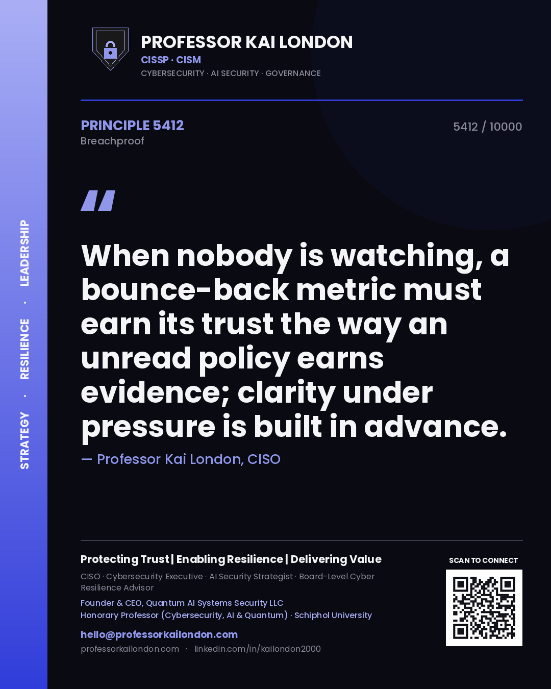 Quote card by Professor Kai London reading 'When nobody is watching, a bounce-back metric must earn its trust the way an unread policy earns evidence; clarity under pressure is built in advance.'. From the book Breachproof.