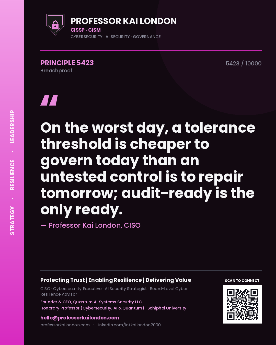 Quote card by Professor Kai London reading 'On the worst day, a tolerance threshold is cheaper to govern today than an untested control is to repair tomorrow; audit-ready is the only ready.'. From the book Breachproof.