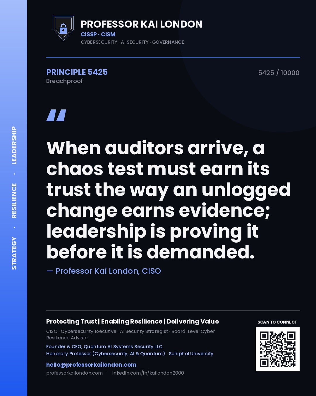 Quote card by Professor Kai London reading 'When auditors arrive, a chaos test must earn its trust the way an unlogged change earns evidence; leadership is proving it before it is demanded.'. From the book Breachproof.