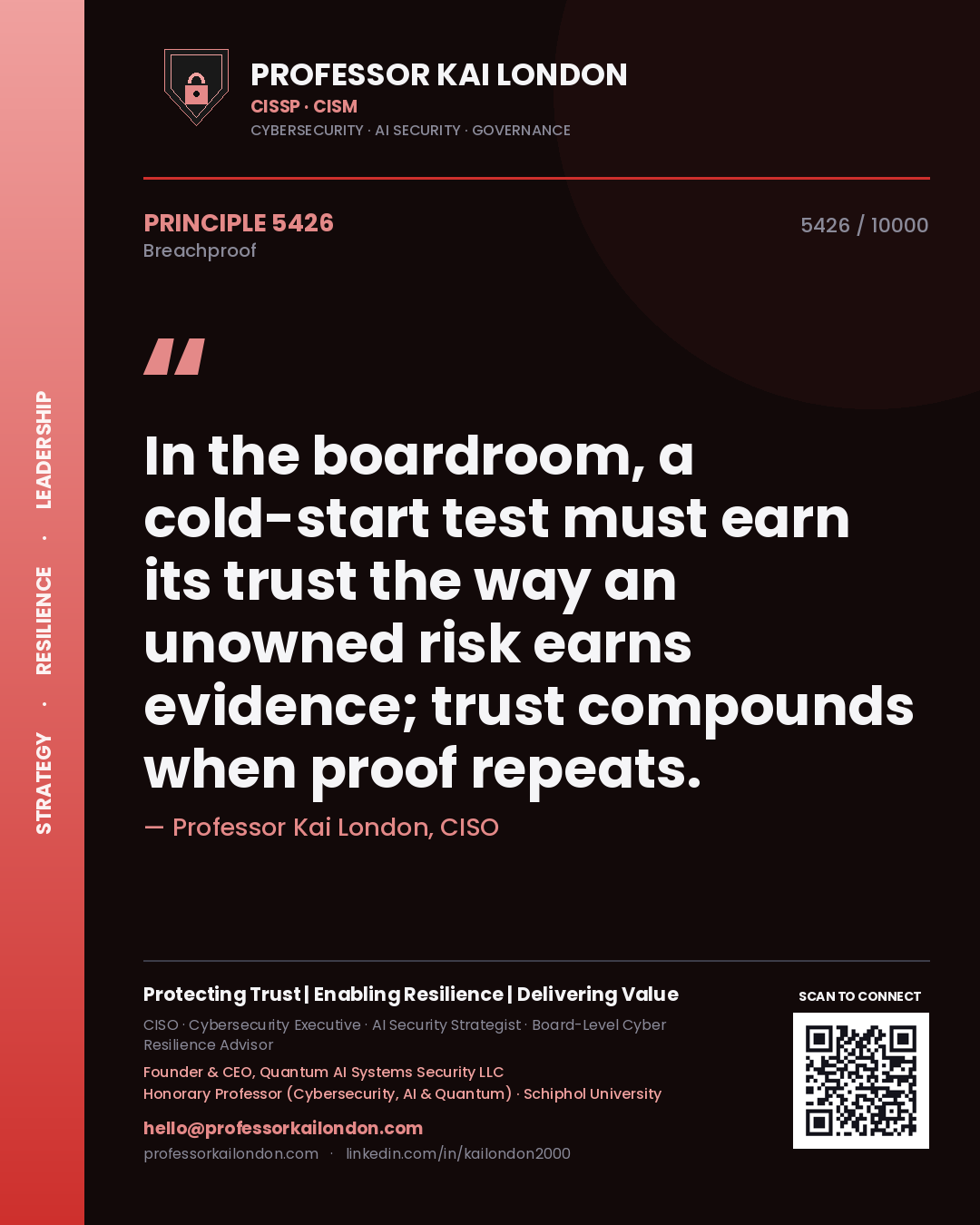 Quote card by Professor Kai London reading 'In the boardroom, a cold-start test must earn its trust the way an unowned risk earns evidence; trust compounds when proof repeats.'. From the book Breachproof.