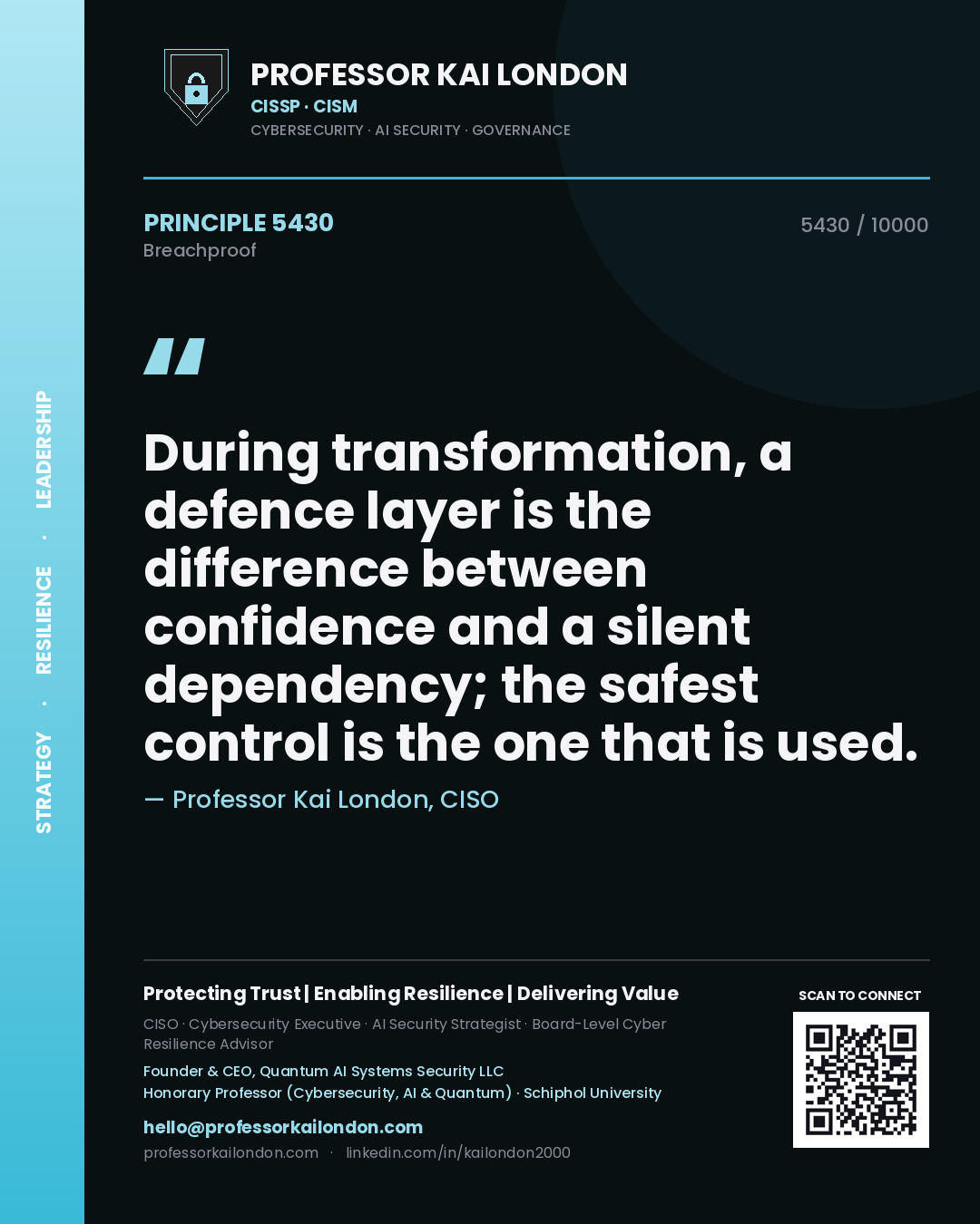 Quote card by Professor Kai London reading 'During transformation, a defence layer is the difference between confidence and a silent dependency; the safest control is the one that is used.'. From the book Breachproof.