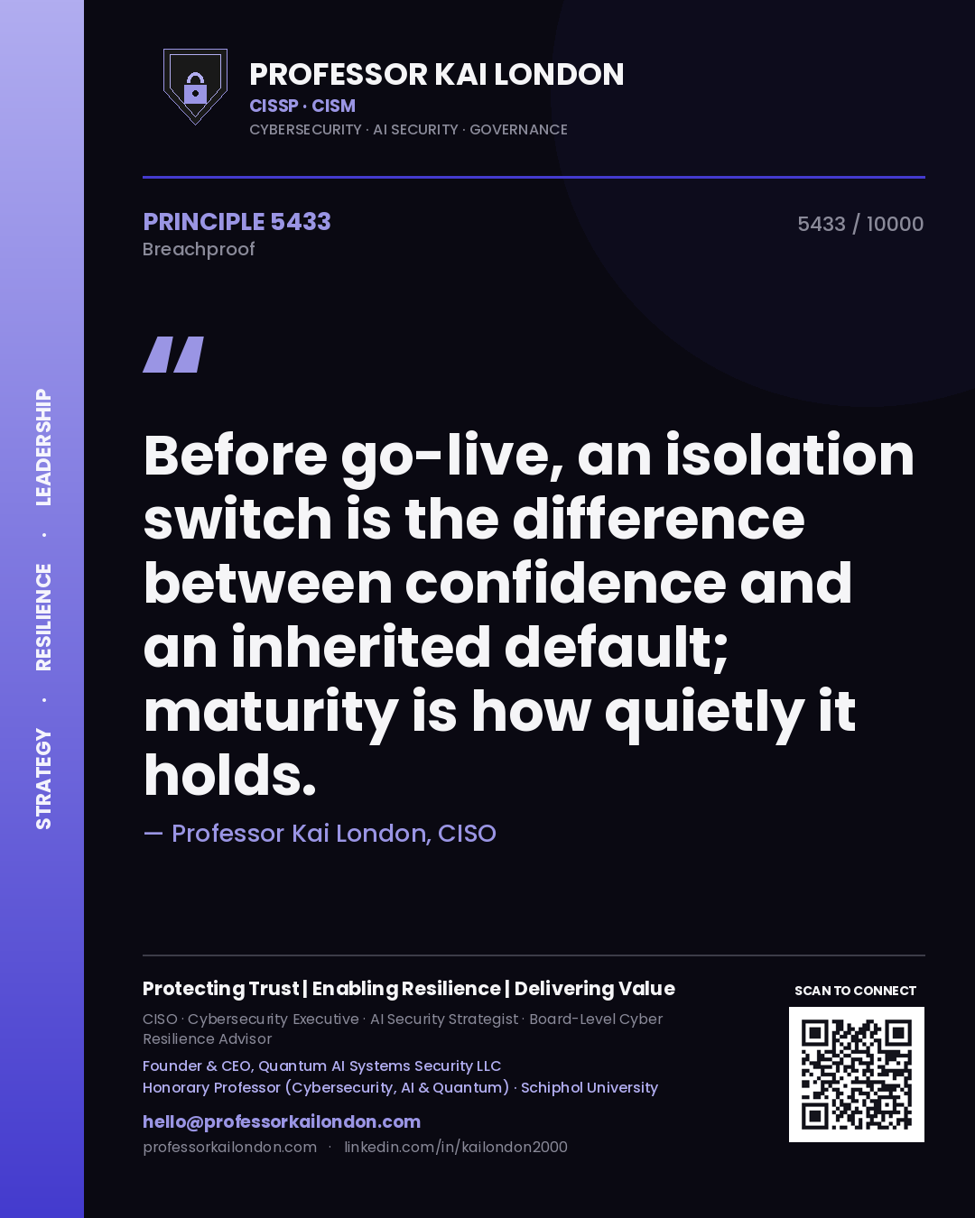Quote card by Professor Kai London reading 'Before go-live, an isolation switch is the difference between confidence and an inherited default; maturity is how quietly it holds.'. From the book Breachproof.