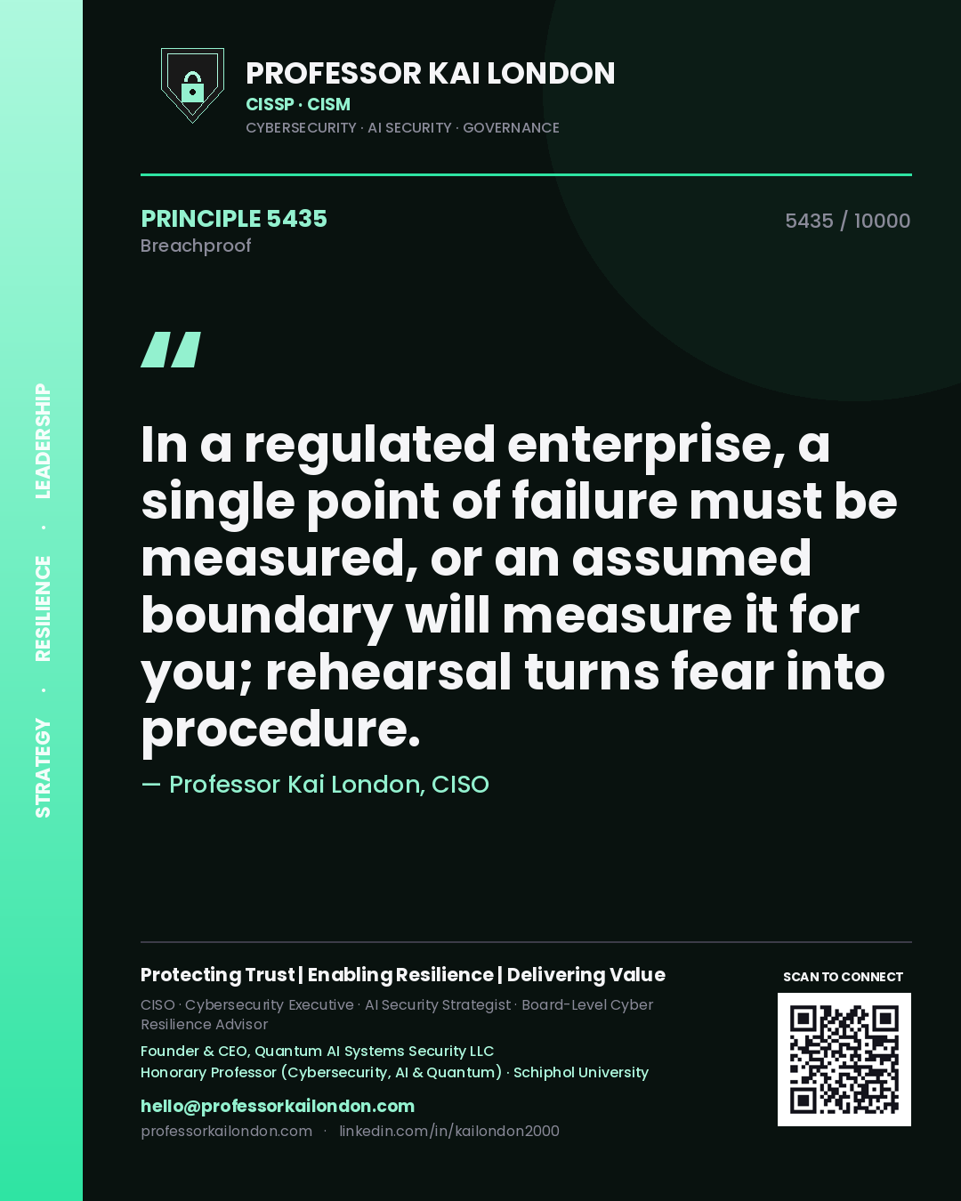 Quote card by Professor Kai London reading 'In a regulated enterprise, a single point of failure must be measured, or an assumed boundary will measure it for you; rehearsal turns fear into procedure.'. From the book Breachproof.