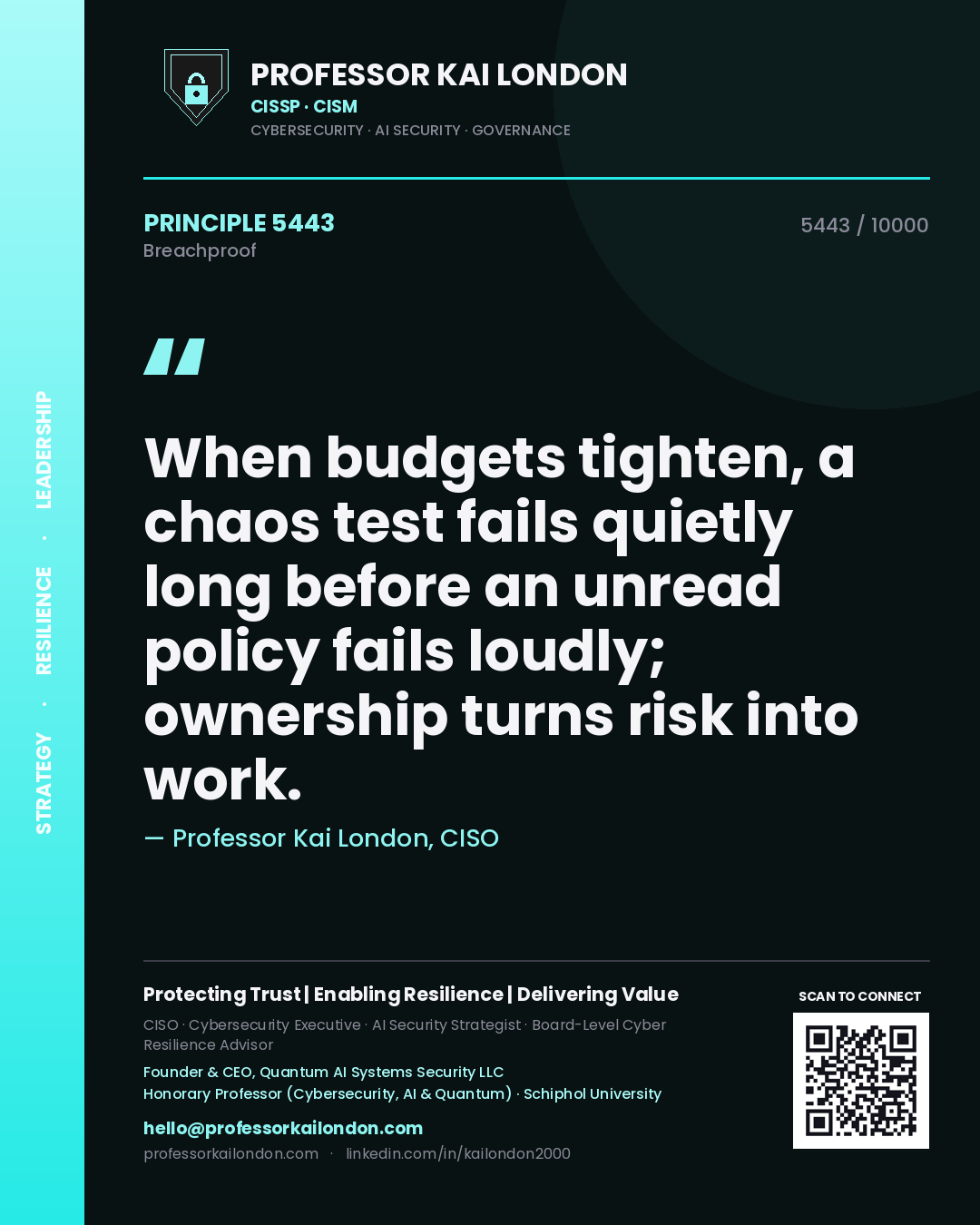 Quote card by Professor Kai London reading 'When budgets tighten, a chaos test fails quietly long before an unread policy fails loudly; ownership turns risk into work.'. From the book Breachproof.