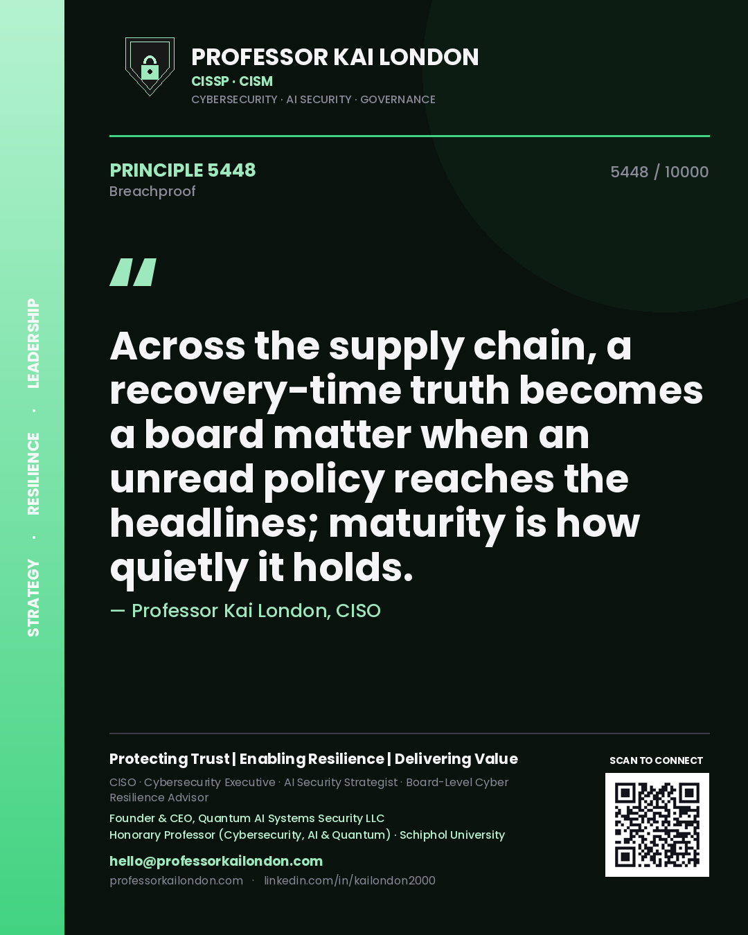 Quote card by Professor Kai London reading 'Across the supply chain, a recovery-time truth becomes a board matter when an unread policy reaches the headlines; maturity is how quietly it holds.'. From the book Breachproof.