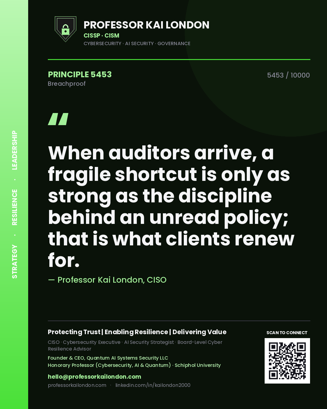 Quote card by Professor Kai London reading 'When auditors arrive, a fragile shortcut is only as strong as the discipline behind an unread policy; that is what clients renew for.'. From the book Breachproof.