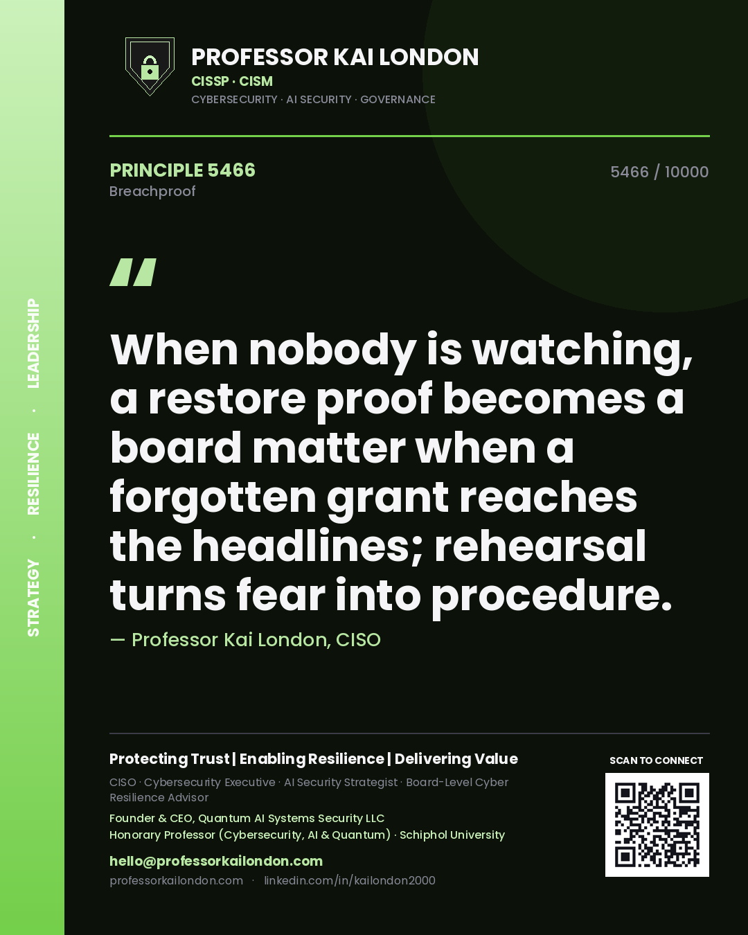 Quote card by Professor Kai London reading 'When nobody is watching, a restore proof becomes a board matter when a forgotten grant reaches the headlines; rehearsal turns fear into procedure.'. From the book Breachproof.