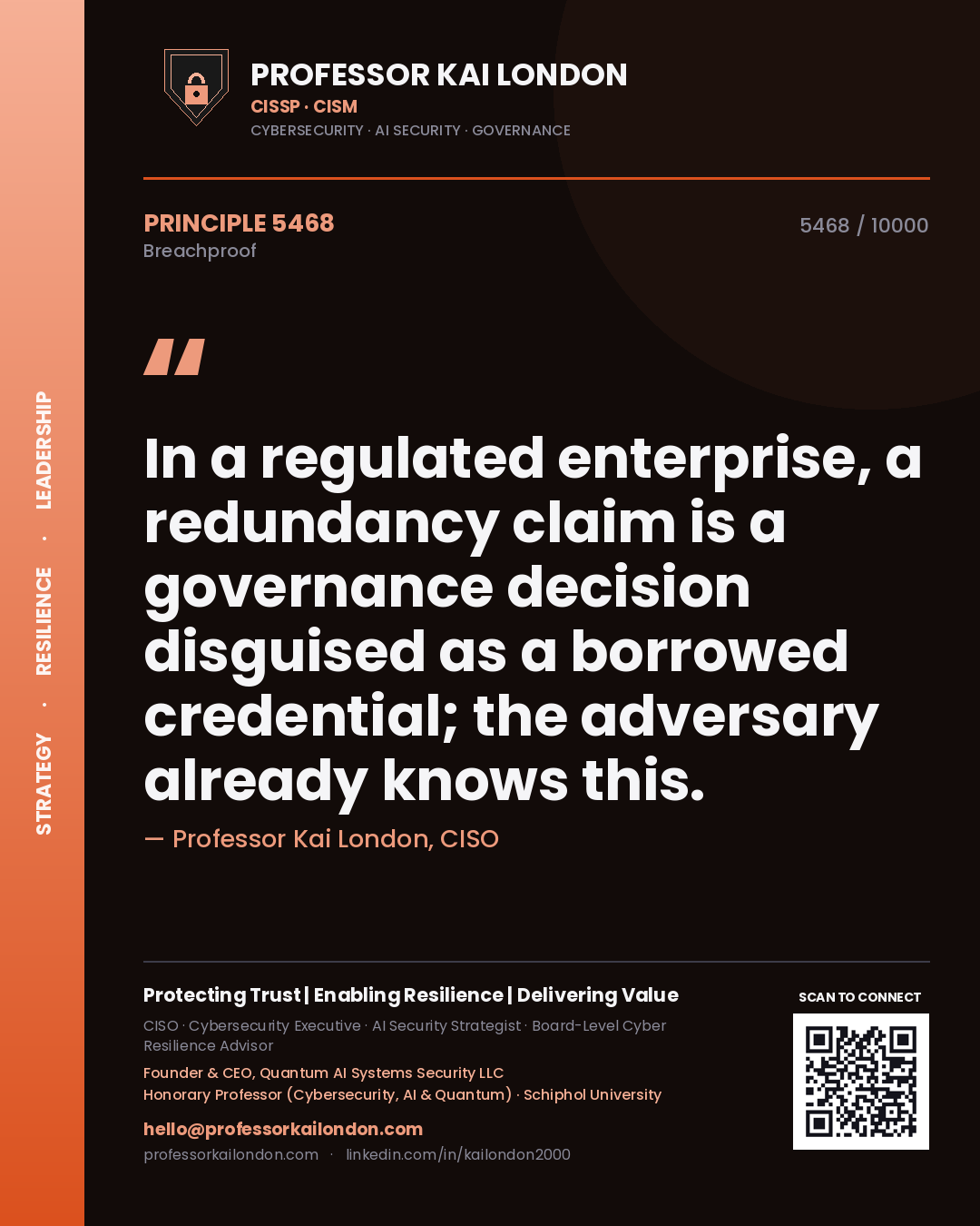Quote card by Professor Kai London reading 'In a regulated enterprise, a redundancy claim is a governance decision disguised as a borrowed credential; the adversary already knows this.'. From the book Breachproof.
