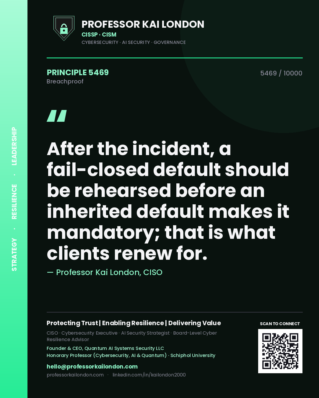 Quote card by Professor Kai London reading 'After the incident, a fail-closed default should be rehearsed before an inherited default makes it mandatory; that is what clients renew for.'. From the book Breachproof.