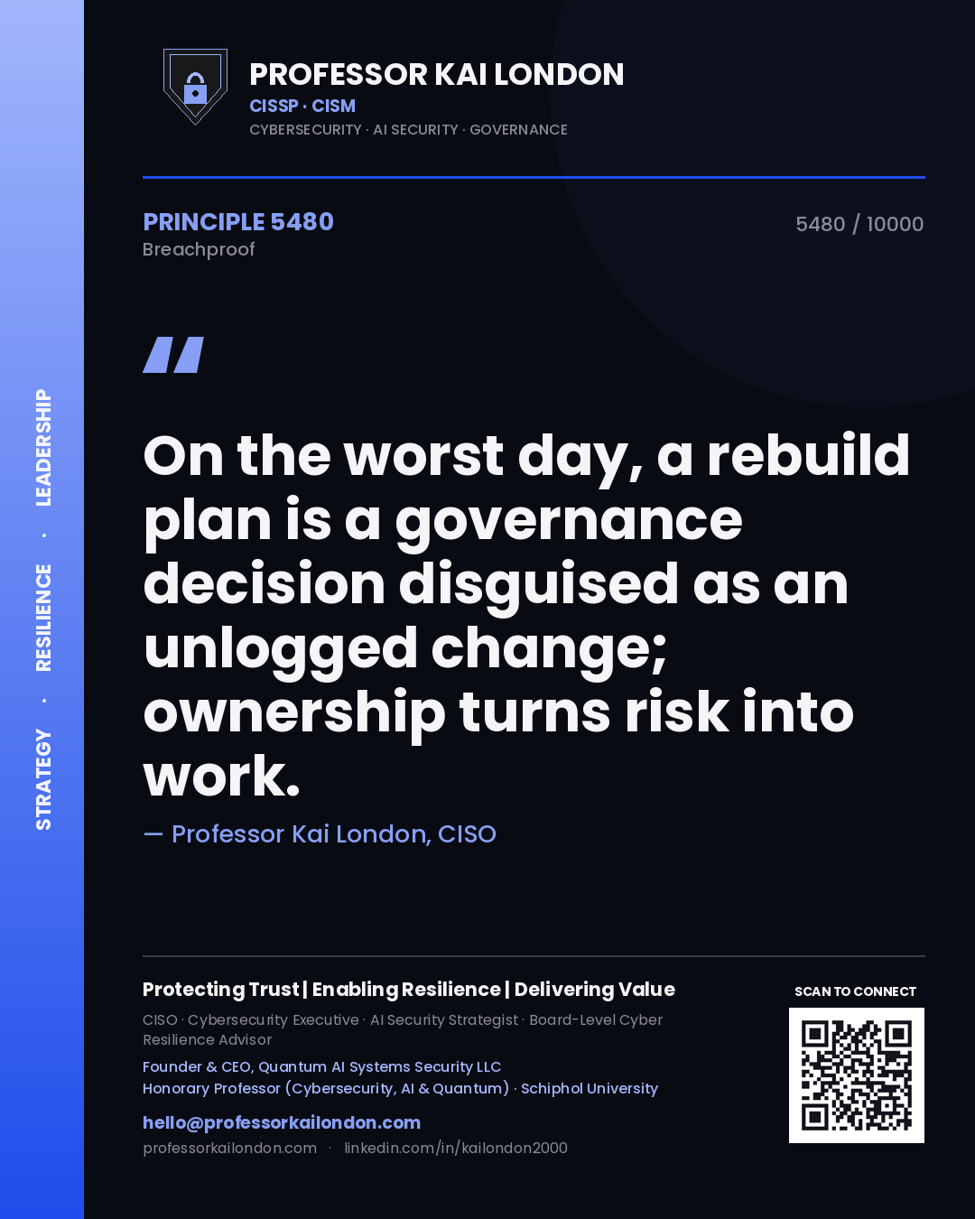 Quote card by Professor Kai London reading 'On the worst day, a rebuild plan is a governance decision disguised as an unlogged change; ownership turns risk into work.'. From the book Breachproof.