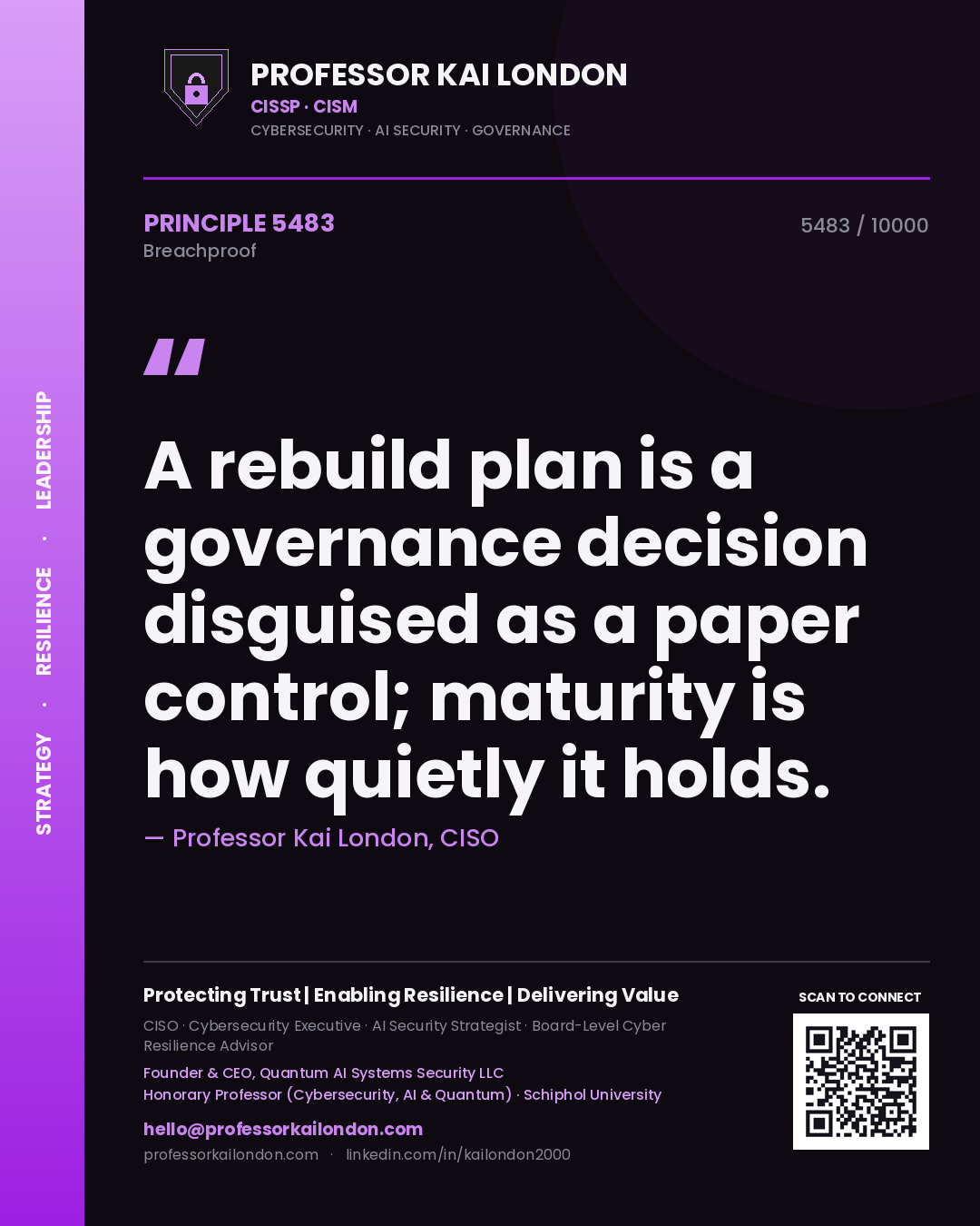 Quote card by Professor Kai London reading 'A rebuild plan is a governance decision disguised as a paper control; maturity is how quietly it holds.'. From the book Breachproof.