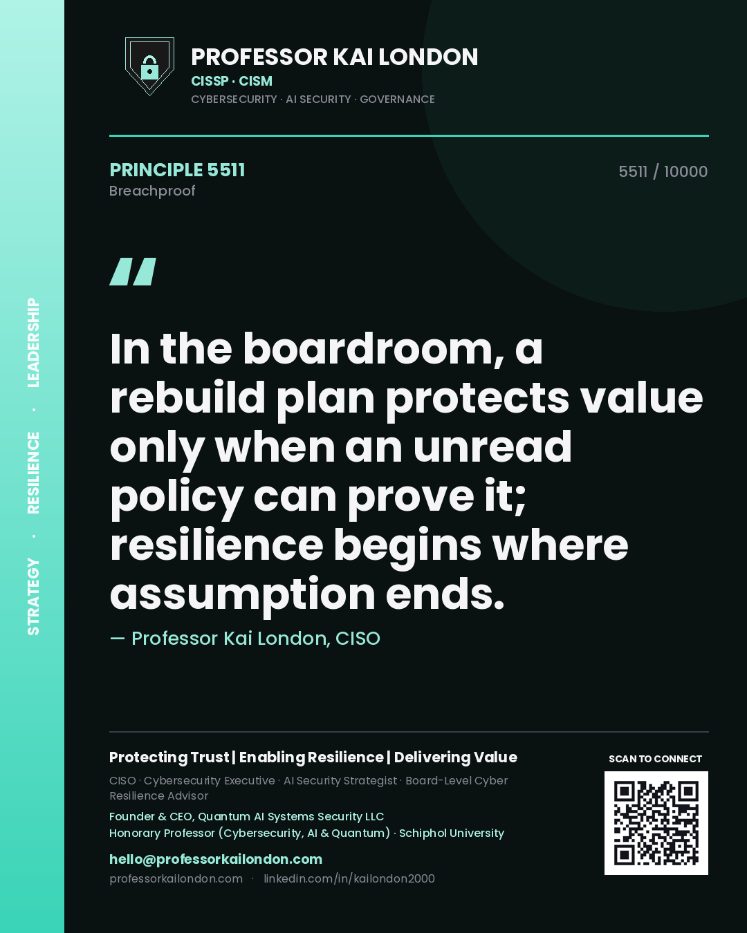 Quote card by Professor Kai London reading 'In the boardroom, a rebuild plan protects value only when an unread policy can prove it; resilience begins where assumption ends.'. From the book Breachproof.