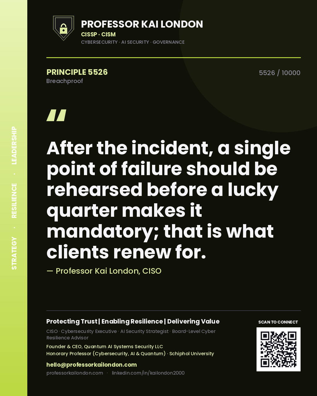 Quote card by Professor Kai London reading 'After the incident, a single point of failure should be rehearsed before a lucky quarter makes it mandatory; that is what clients renew for.'. From the book Breachproof.