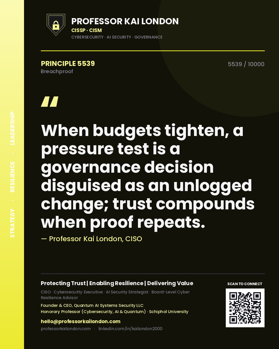 Quote card by Professor Kai London reading 'When budgets tighten, a pressure test is a governance decision disguised as an unlogged change; trust compounds when proof repeats.'. From the book Breachproof.