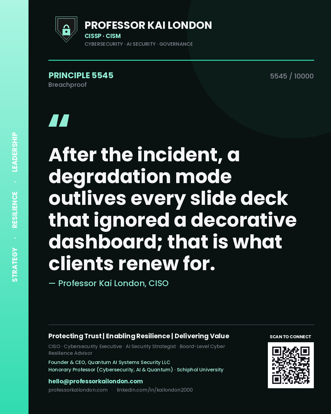 Quote card by Professor Kai London reading 'After the incident, a degradation mode outlives every slide deck that ignored a decorative dashboard; that is what clients renew for.'. From the book Breachproof.