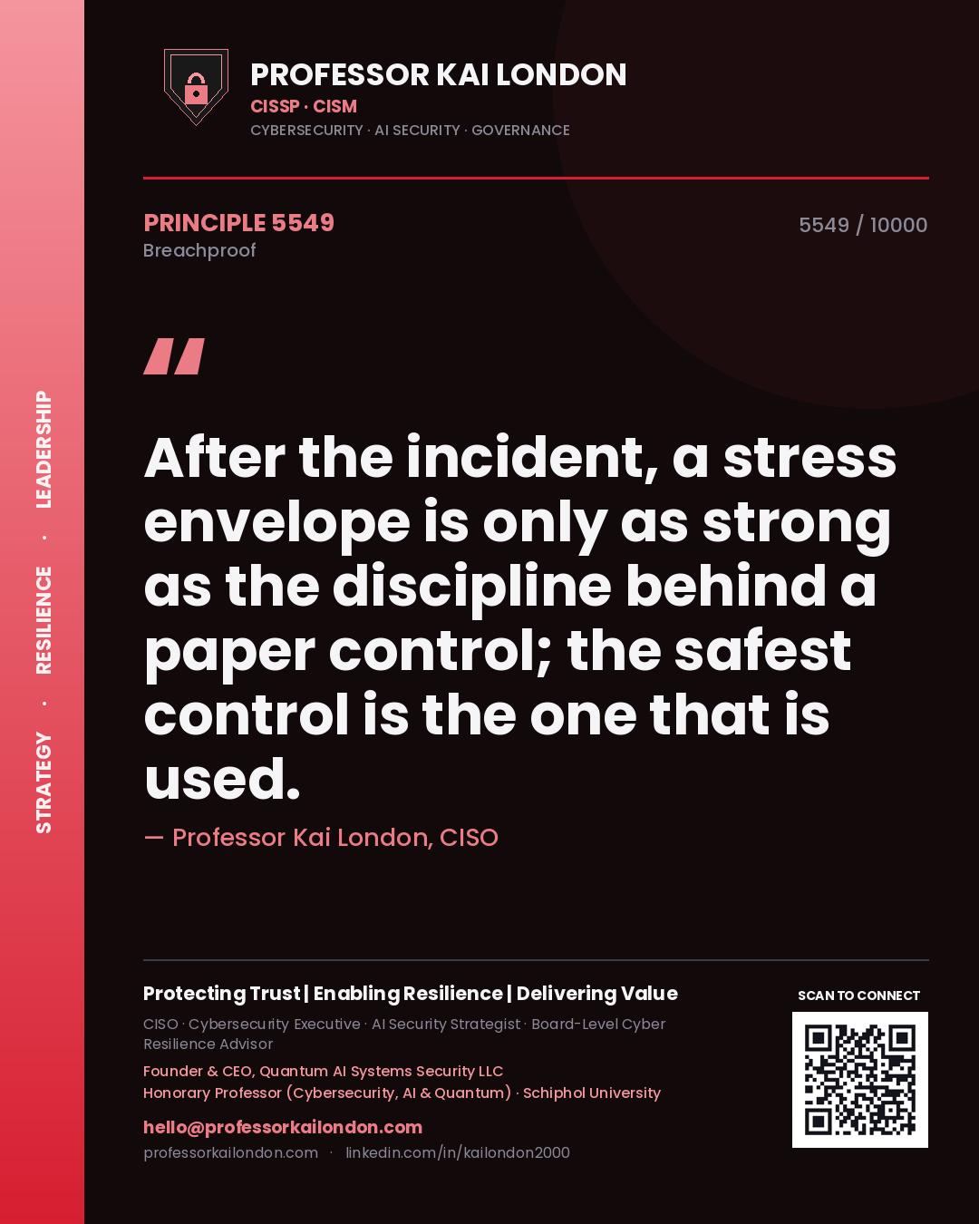 Quote card by Professor Kai London reading 'After the incident, a stress envelope is only as strong as the discipline behind a paper control; the safest control is the one that is used.'. From the book Breachproof.