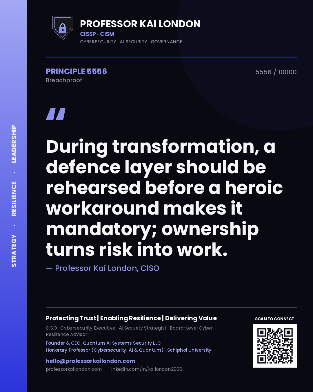 Quote card by Professor Kai London reading 'During transformation, a defence layer should be rehearsed before a heroic workaround makes it mandatory; ownership turns risk into work.'. From the book Breachproof.