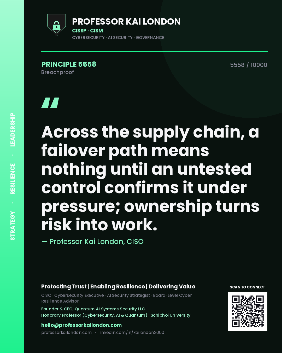 Quote card by Professor Kai London reading 'Across the supply chain, a failover path means nothing until an untested control confirms it under pressure; ownership turns risk into work.'. From the book Breachproof.