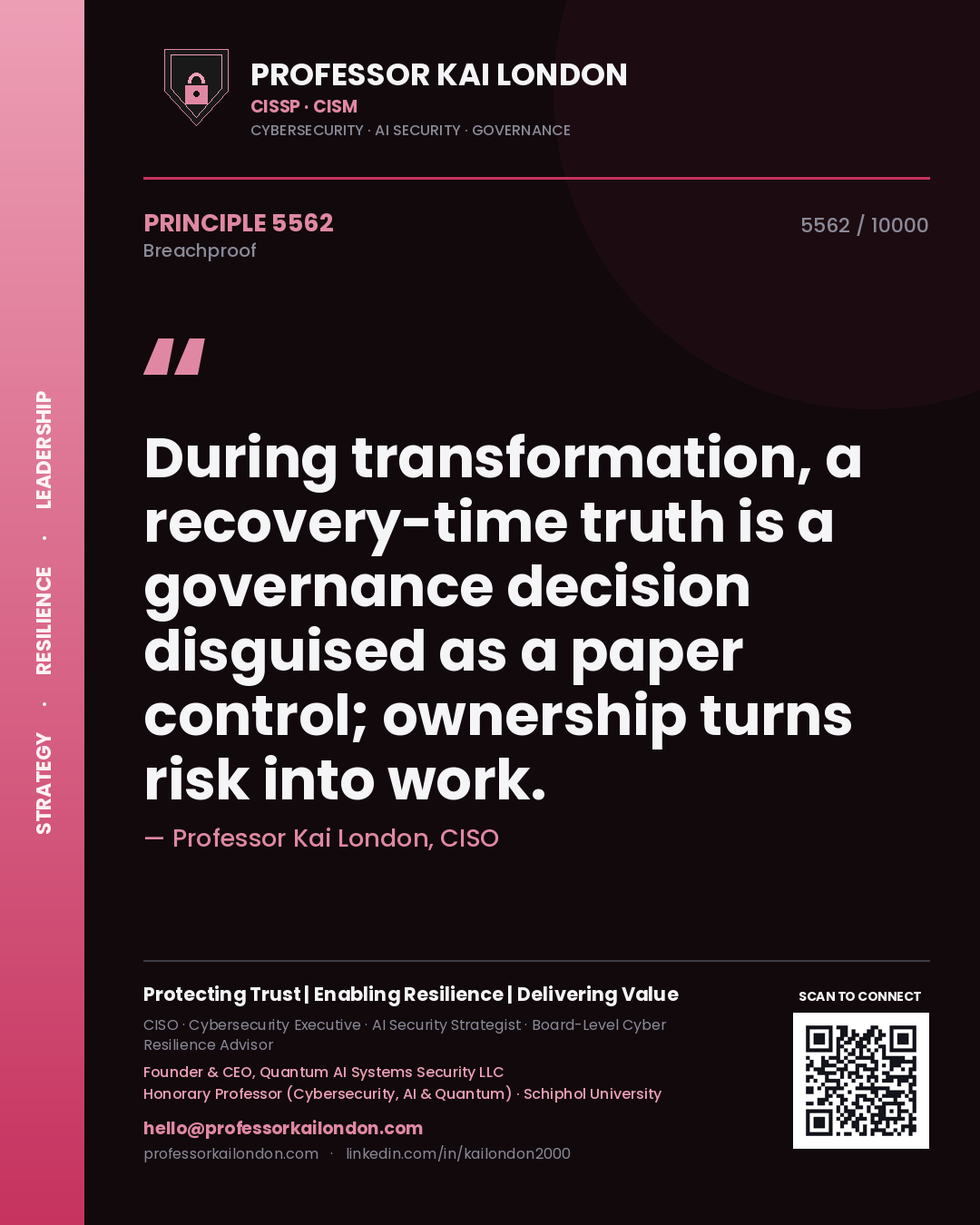 Quote card by Professor Kai London reading 'During transformation, a recovery-time truth is a governance decision disguised as a paper control; ownership turns risk into work.'. From the book Breachproof.