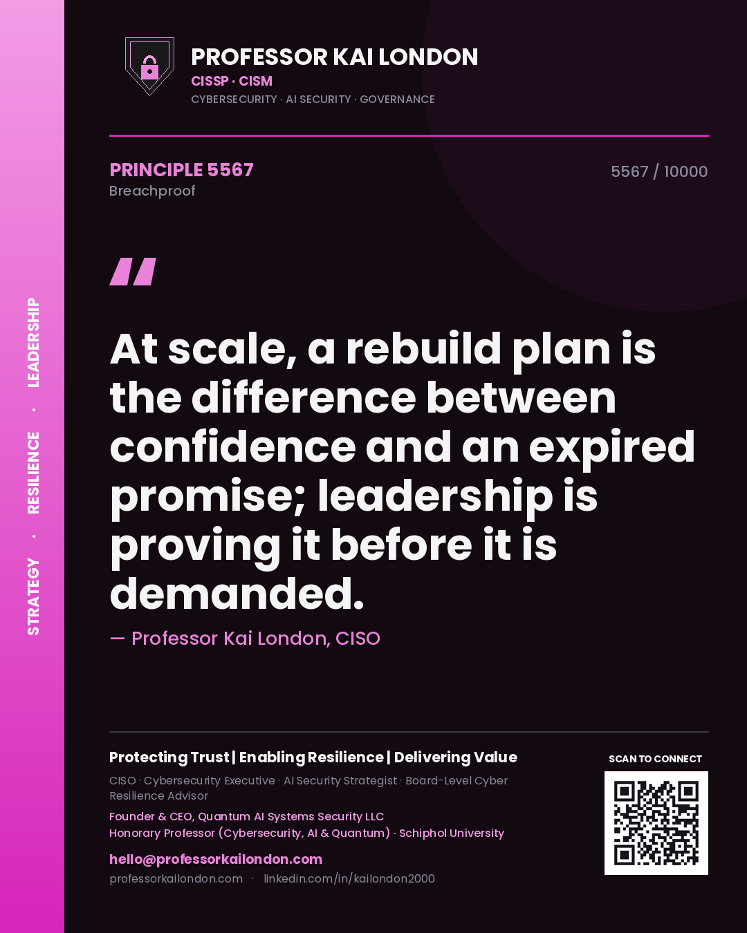 Quote card by Professor Kai London reading 'At scale, a rebuild plan is the difference between confidence and an expired promise; leadership is proving it before it is demanded.'. From the book Breachproof.