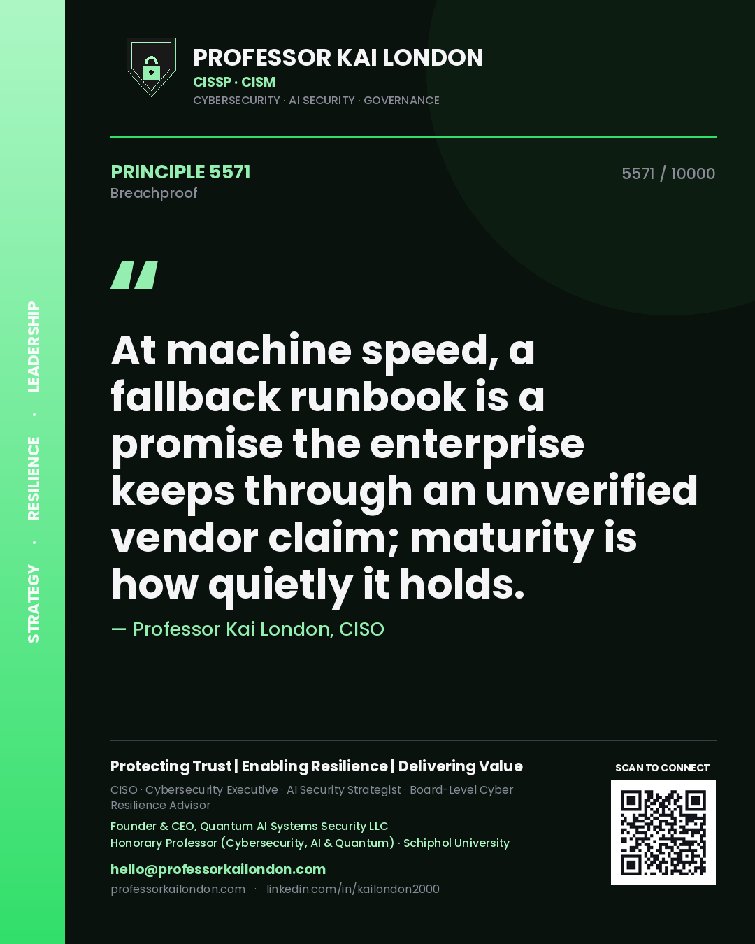 Quote card by Professor Kai London reading 'At machine speed, a fallback runbook is a promise the enterprise keeps through an unverified vendor claim; maturity is how quietly it holds.'. From the book Breachproof.