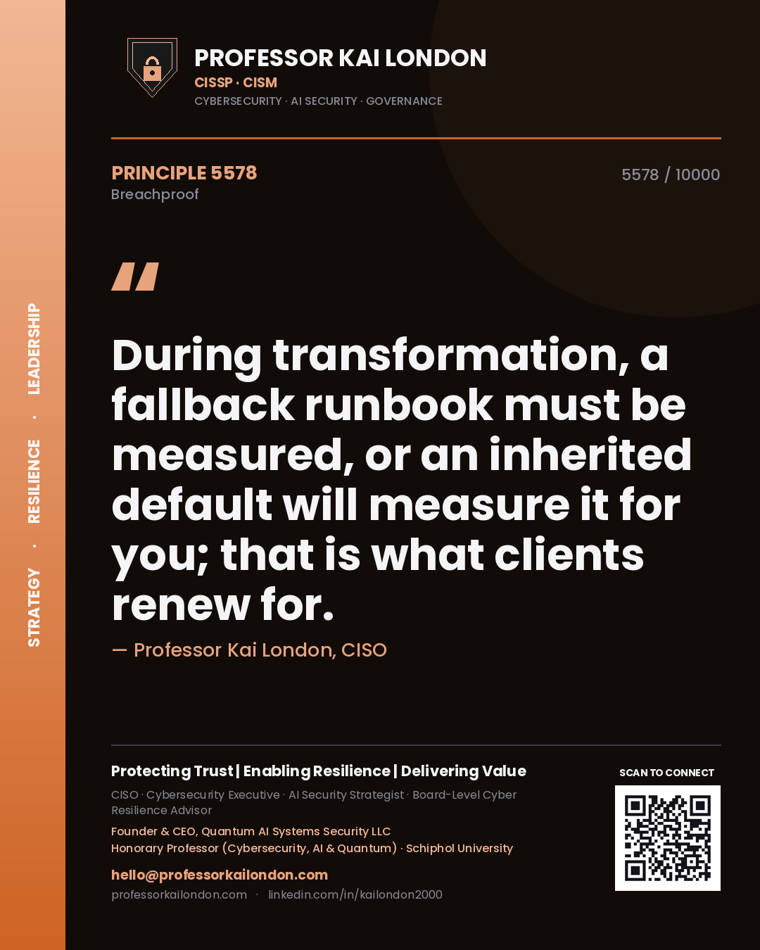 Quote card by Professor Kai London reading 'During transformation, a fallback runbook must be measured, or an inherited default will measure it for you; that is what clients renew for.'. From the book Breachproof.