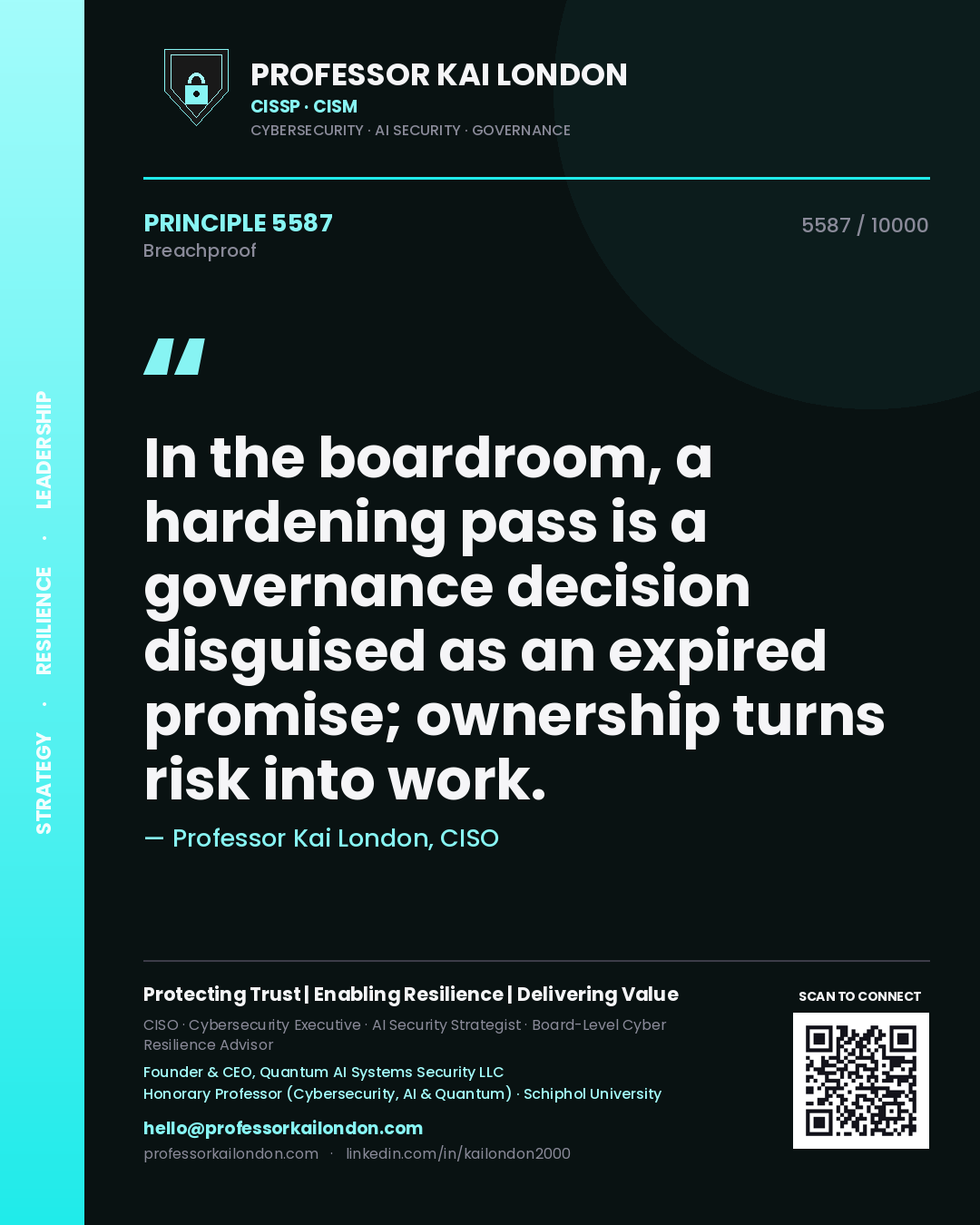 Quote card by Professor Kai London reading 'In the boardroom, a hardening pass is a governance decision disguised as an expired promise; ownership turns risk into work.'. From the book Breachproof.