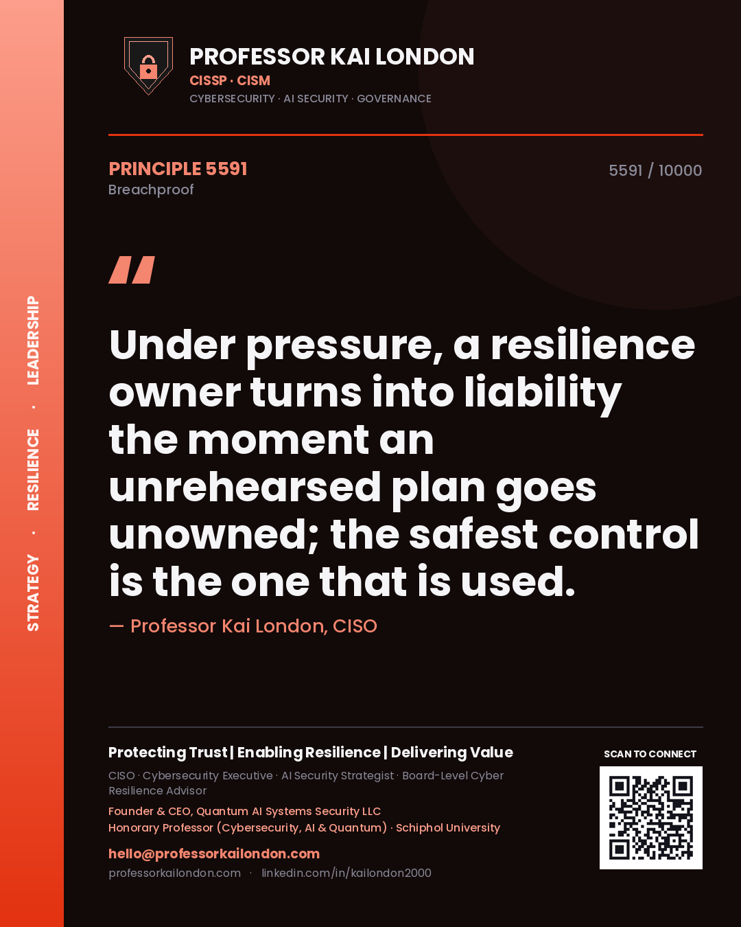 Quote card by Professor Kai London reading 'Under pressure, a resilience owner turns into liability the moment an unrehearsed plan goes unowned; the safest control is the one that is used.'. From the book Breachproof.