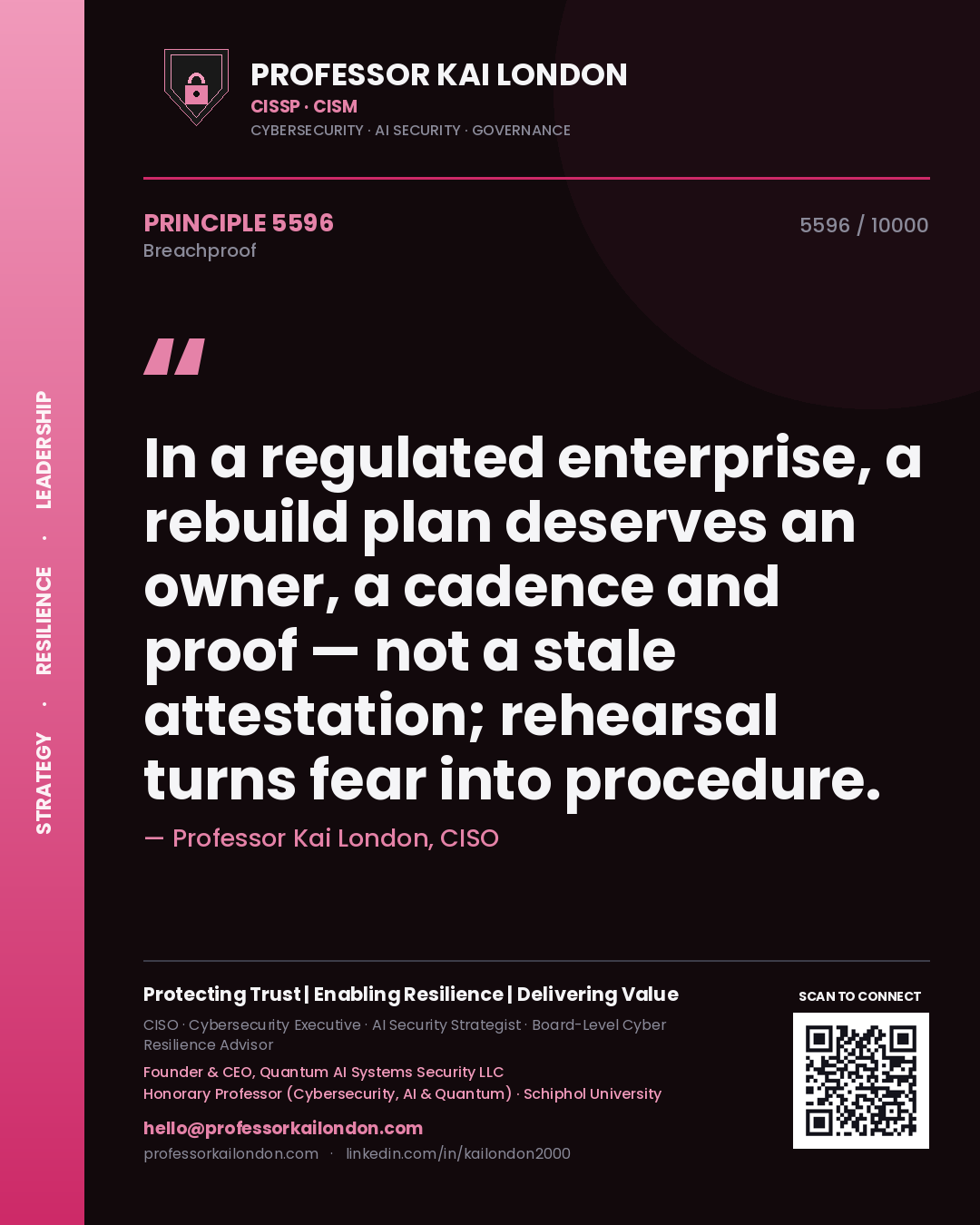 Quote card by Professor Kai London reading 'In a regulated enterprise, a rebuild plan deserves an owner, a cadence and proof — not a stale attestation; rehearsal turns fear into procedure.'. From the book Breachproof.