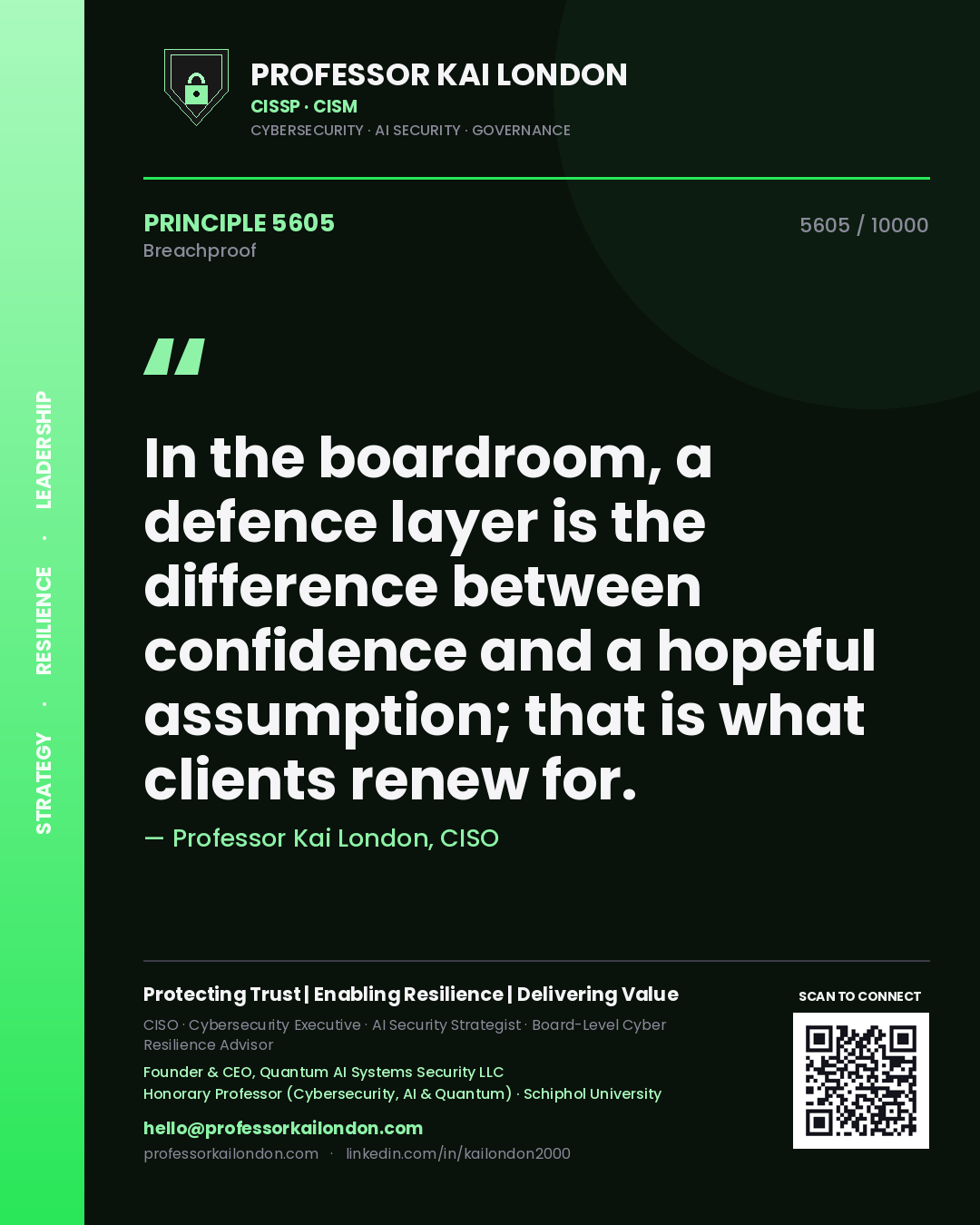Professor Kai London principle 5605: In the boardroom, a defence layer is the difference between confidence and a hopeful assumption; that is what clients renew for.