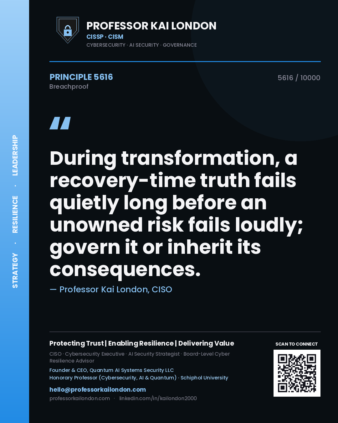 Professor Kai London principle 5616: During transformation, a recovery-time truth fails quietly long before an unowned risk fails loudly; govern it or inherit its consequences.