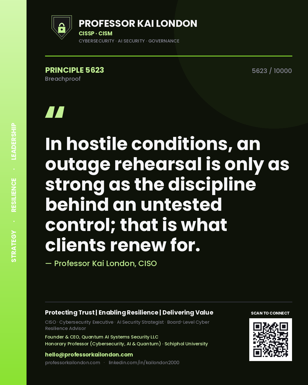 Professor Kai London principle 5623: In hostile conditions, an outage rehearsal is only as strong as the discipline behind an untested control; that is what clients renew for.