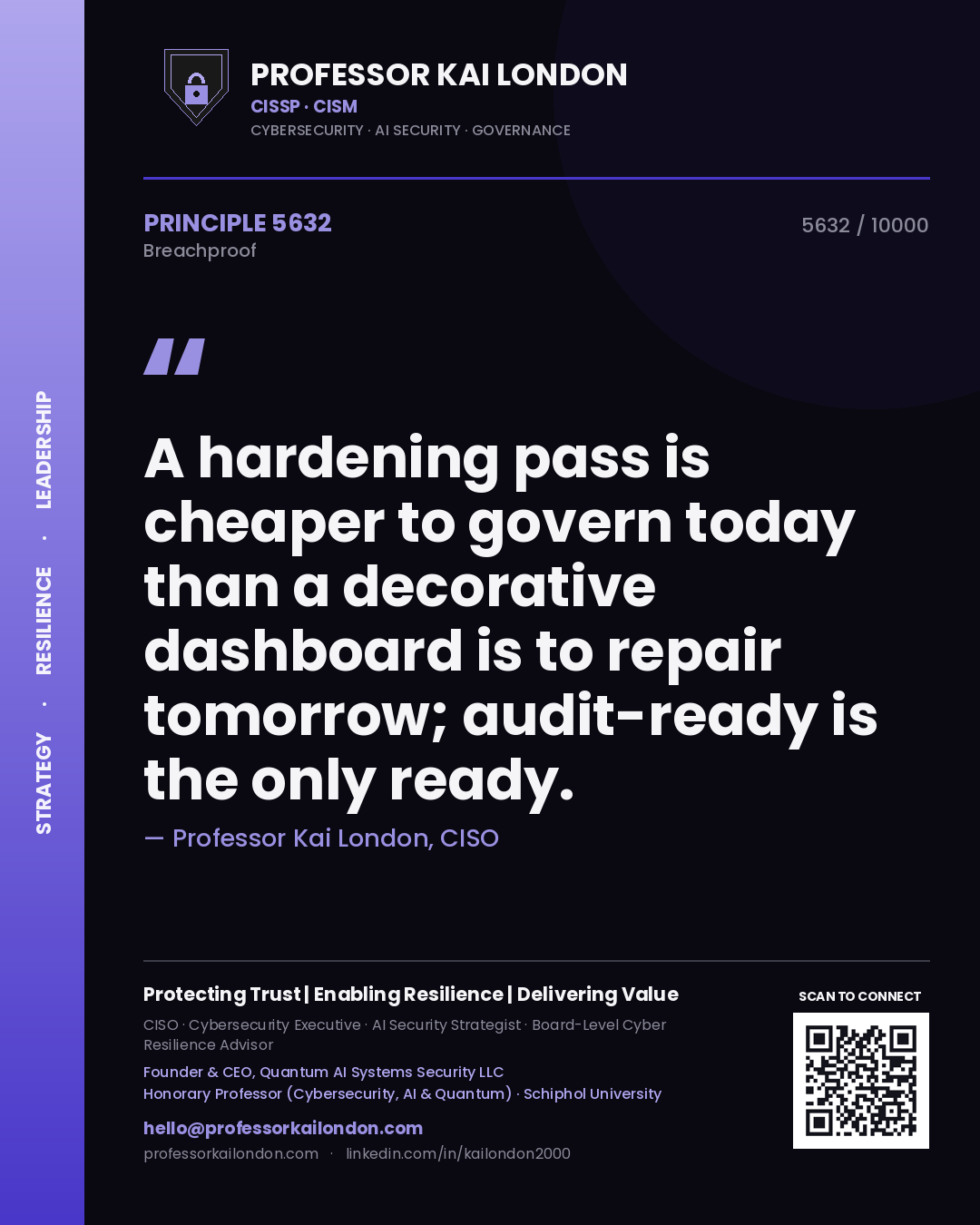 Professor Kai London principle 5632: A hardening pass is cheaper to govern today than a decorative dashboard is to repair tomorrow; audit-ready is the only ready.