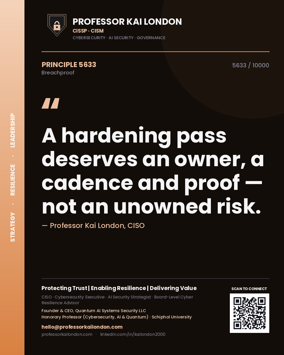 Professor Kai London principle 5633: A hardening pass deserves an owner, a cadence and proof — not an unowned risk.