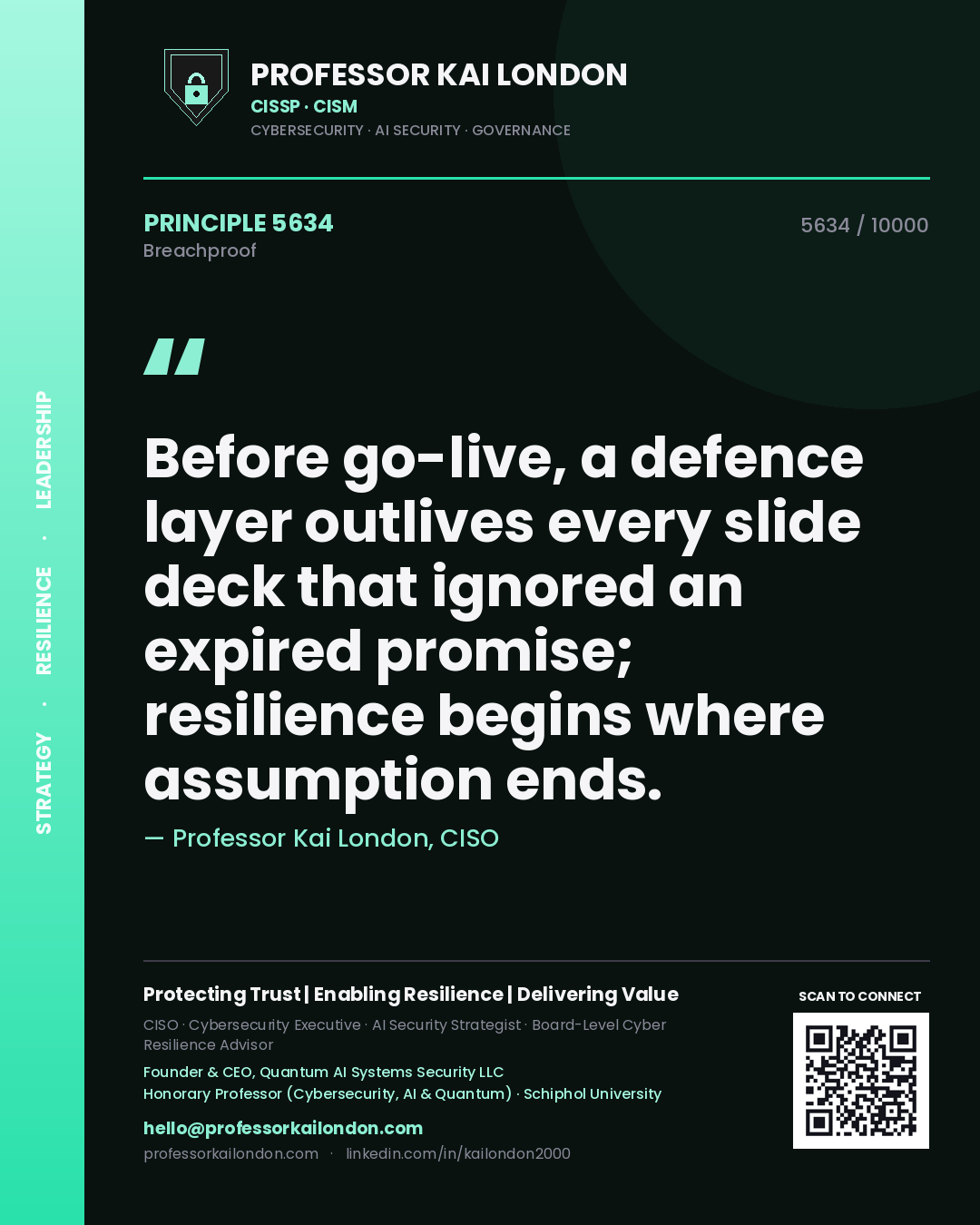 Quote card by Professor Kai London reading 'Before go-live, a defence layer outlives every slide deck that ignored an expired promise; resilience begins where assumption ends.'. From the book Breachproof.