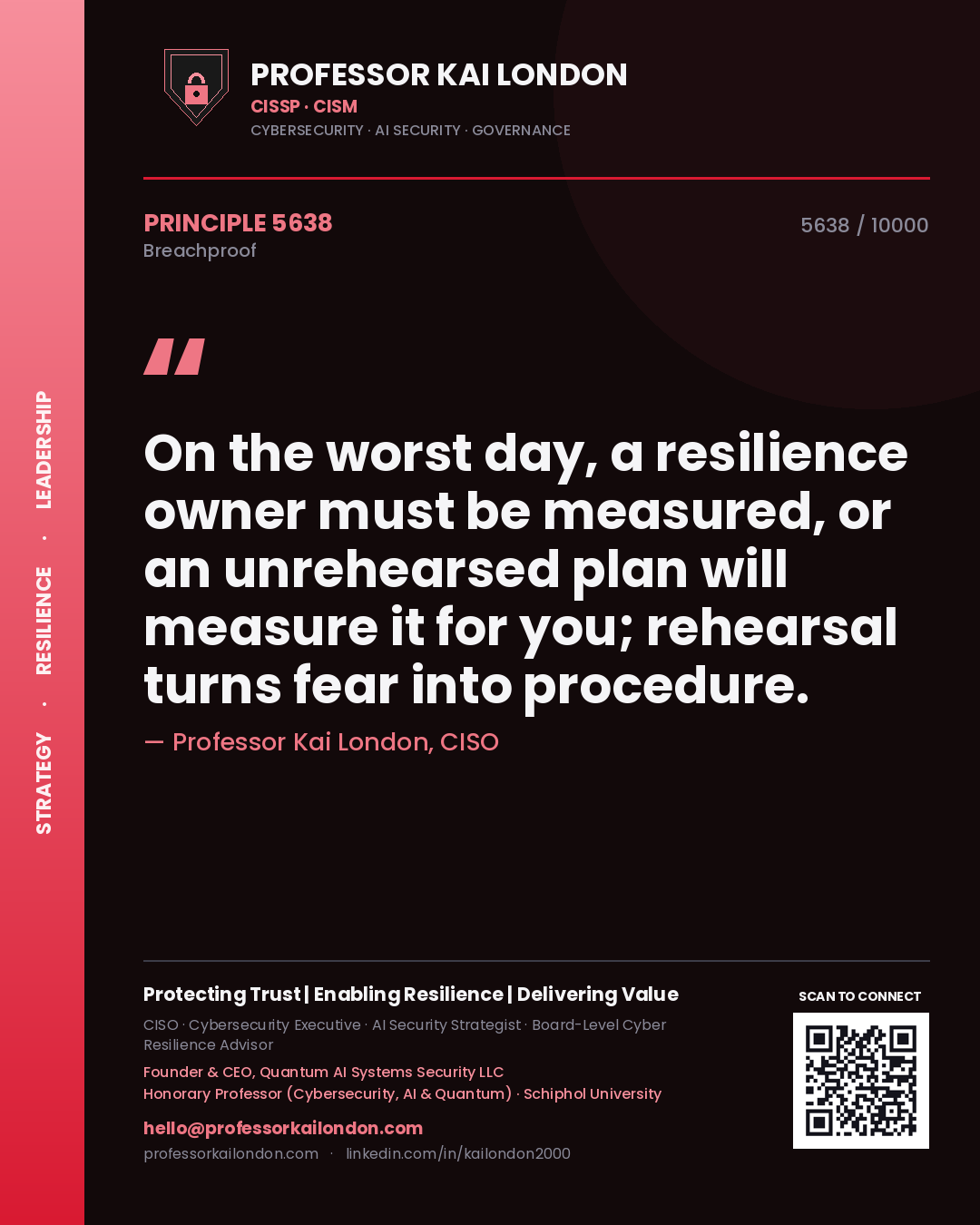 Professor Kai London principle 5638: On the worst day, a resilience owner must be measured, or an unrehearsed plan will measure it for you; rehearsal turns fear into procedure.