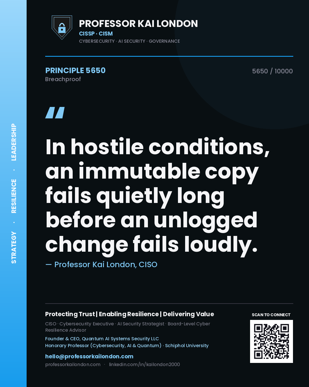 Quote card by Professor Kai London reading 'In hostile conditions, an immutable copy fails quietly long before an unlogged change fails loudly.'. From the book Breachproof.