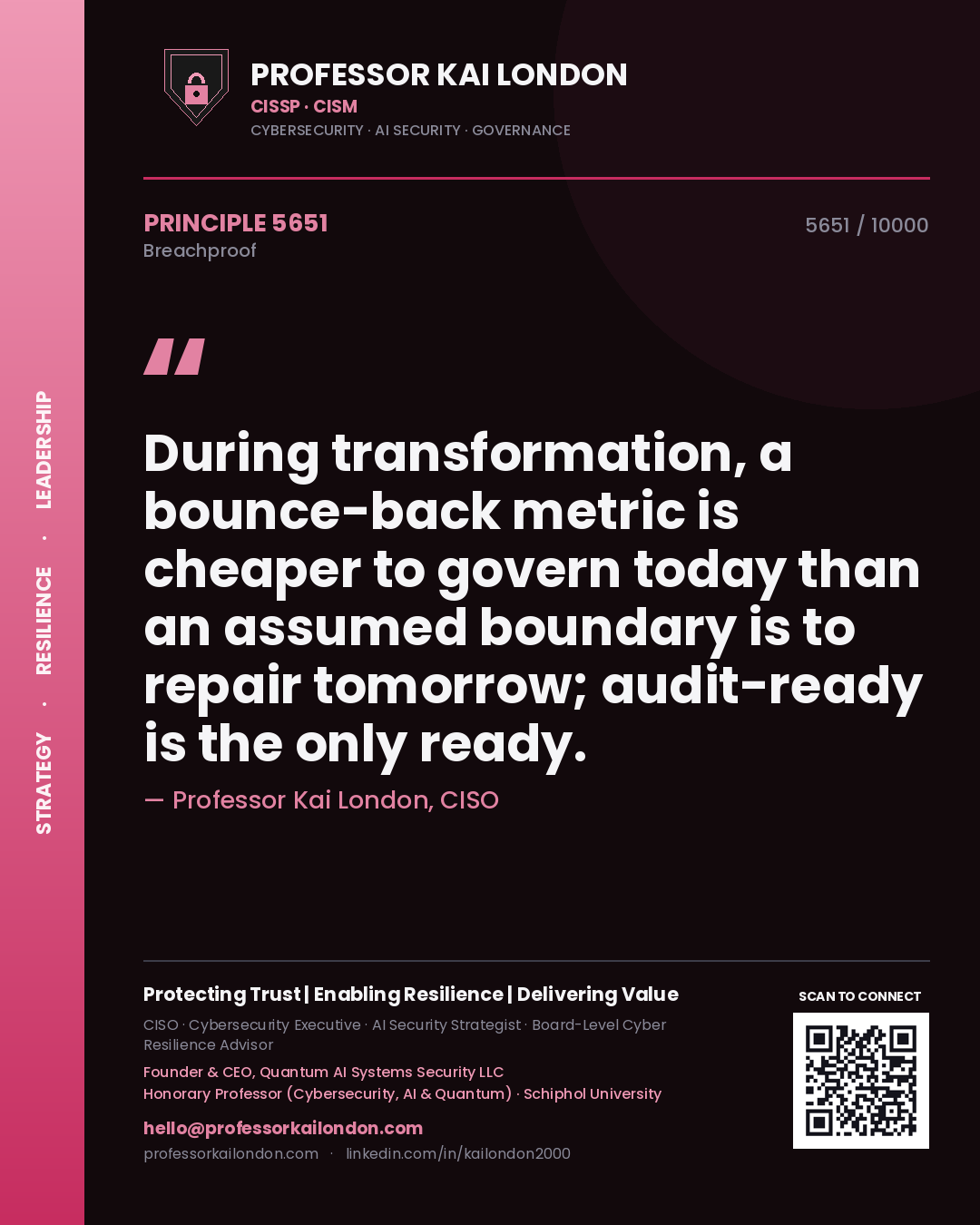 Professor Kai London principle 5651: During transformation, a bounce-back metric is cheaper to govern today than an assumed boundary is to repair tomorrow; audit-ready is the only ready.