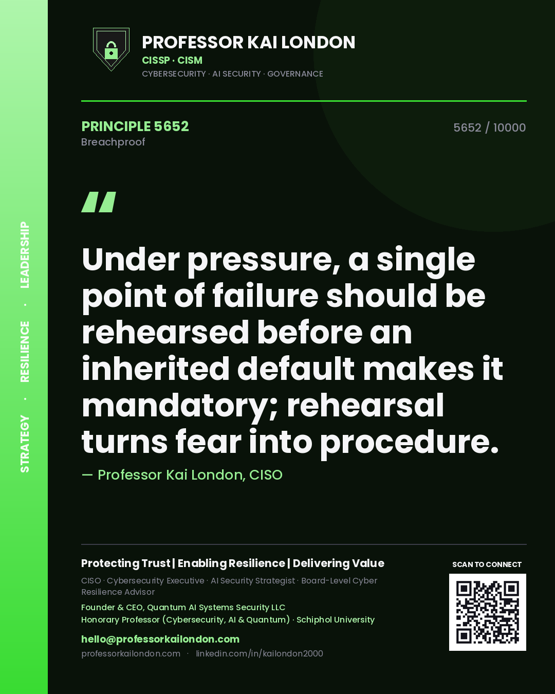 Professor Kai London principle 5652: Under pressure, a single point of failure should be rehearsed before an inherited default makes it mandatory; rehearsal turns fear into procedure.
