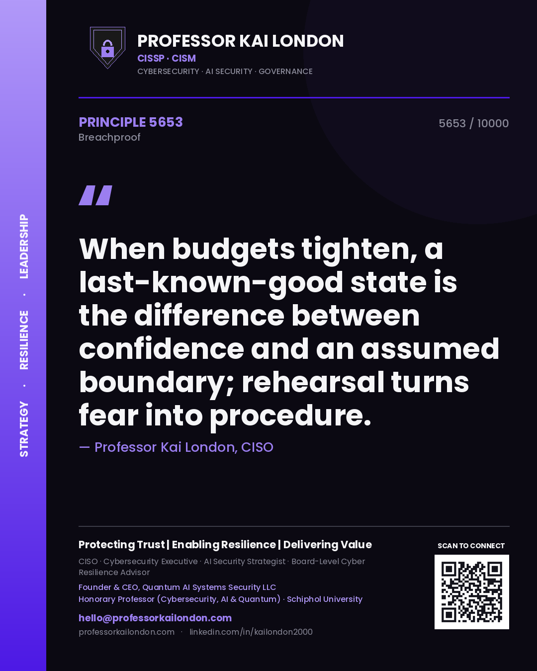 Professor Kai London principle 5653: When budgets tighten, a last-known-good state is the difference between confidence and an assumed boundary; rehearsal turns fear into procedure.