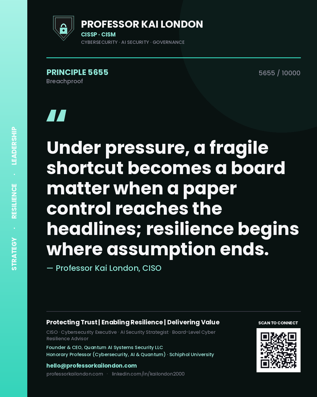 Professor Kai London principle 5655: Under pressure, a fragile shortcut becomes a board matter when a paper control reaches the headlines; resilience begins where assumption ends.