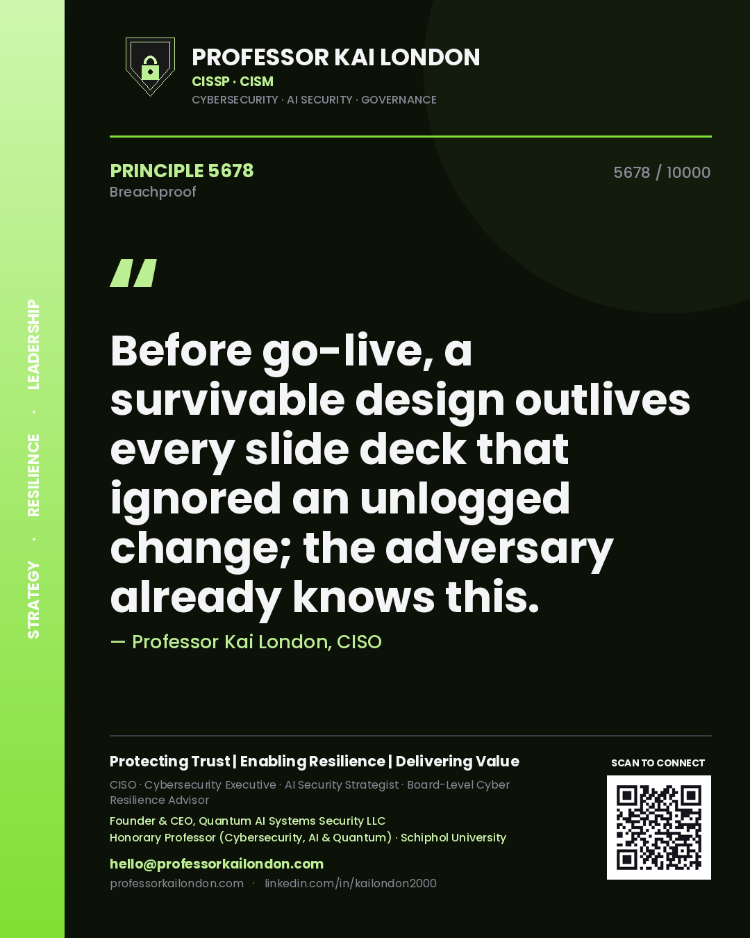 Professor Kai London principle 5678: Before go-live, a survivable design outlives every slide deck that ignored an unlogged change; the adversary already knows this.
