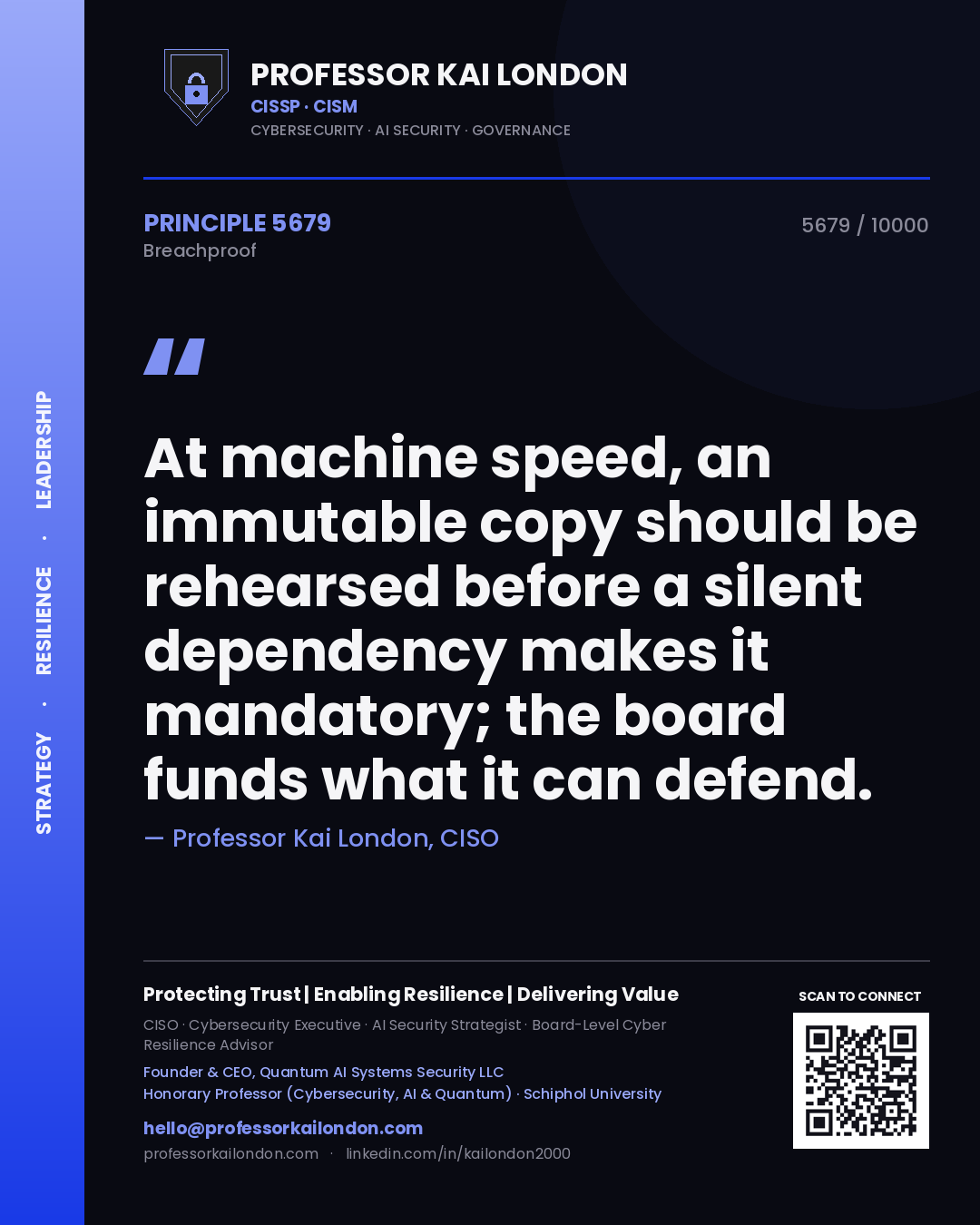 Quote card by Professor Kai London reading 'At machine speed, an immutable copy should be rehearsed before a silent dependency makes it mandatory; the board funds what it can defend.'. From the book Breachproof.