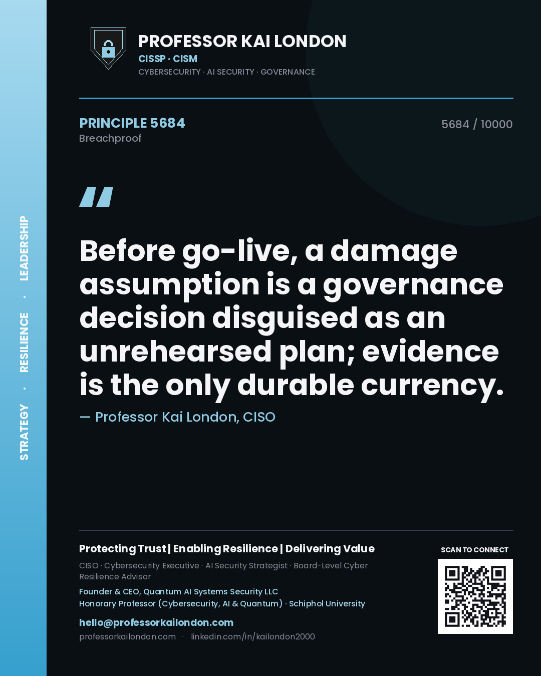 Quote card by Professor Kai London reading 'Before go-live, a damage assumption is a governance decision disguised as an unrehearsed plan; evidence is the only durable currency.'. From the book Breachproof.