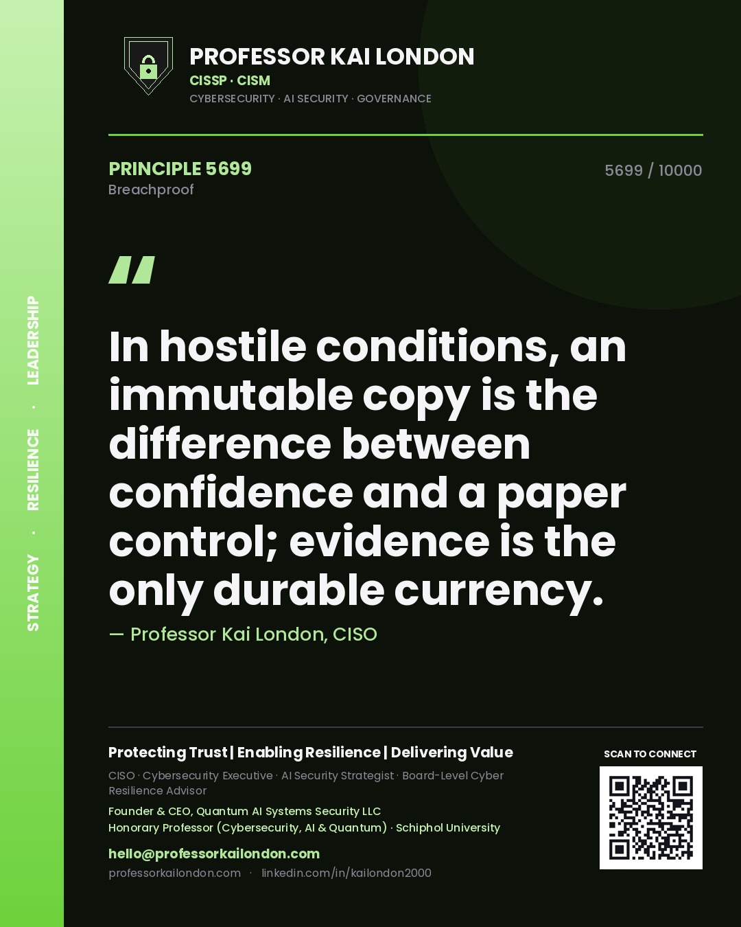 Professor Kai London principle 5699: In hostile conditions, an immutable copy is the difference between confidence and a paper control; evidence is the only durable currency.