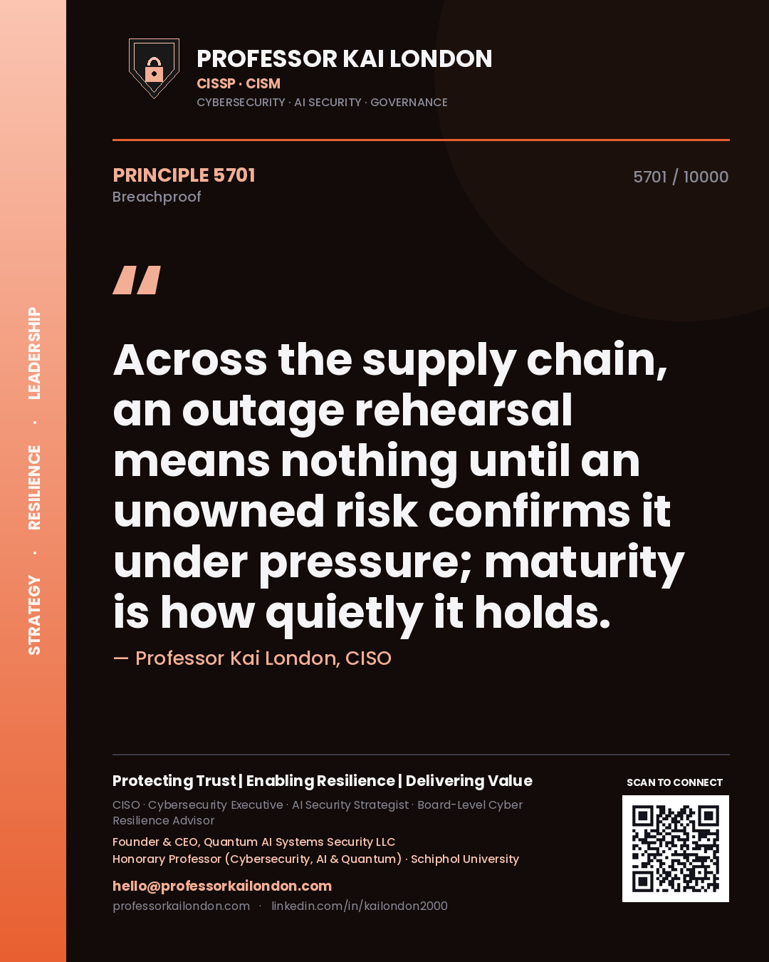Professor Kai London principle 5701: Across the supply chain, an outage rehearsal means nothing until an unowned risk confirms it under pressure; maturity is how quietly it holds.