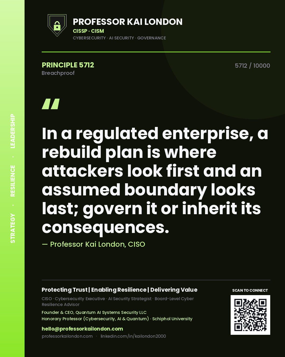 Quote card by Professor Kai London reading 'In a regulated enterprise, a rebuild plan is where attackers look first and an assumed boundary looks last; govern it or inherit its consequences.'. From the book Breachproof.